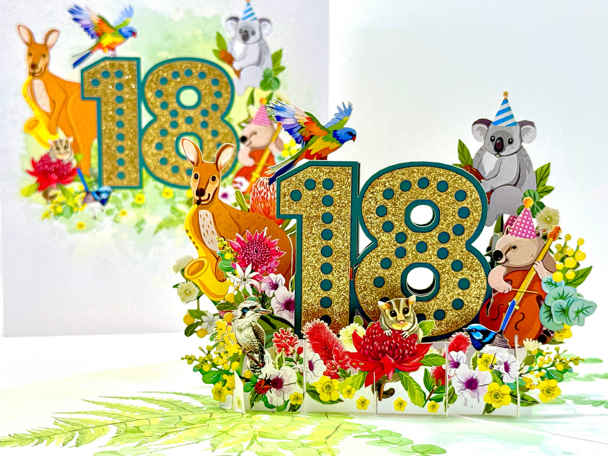 Australian Animal & Native Flower Happy 18th Birthday Origami Pop Cards 3D Pop Up Greeting Card Thank You Handmade Gift Thinking of You Happy Birthday Occasion Australiana Celebrate the Beauty and Happiness During Special Day Best Wishes Gift