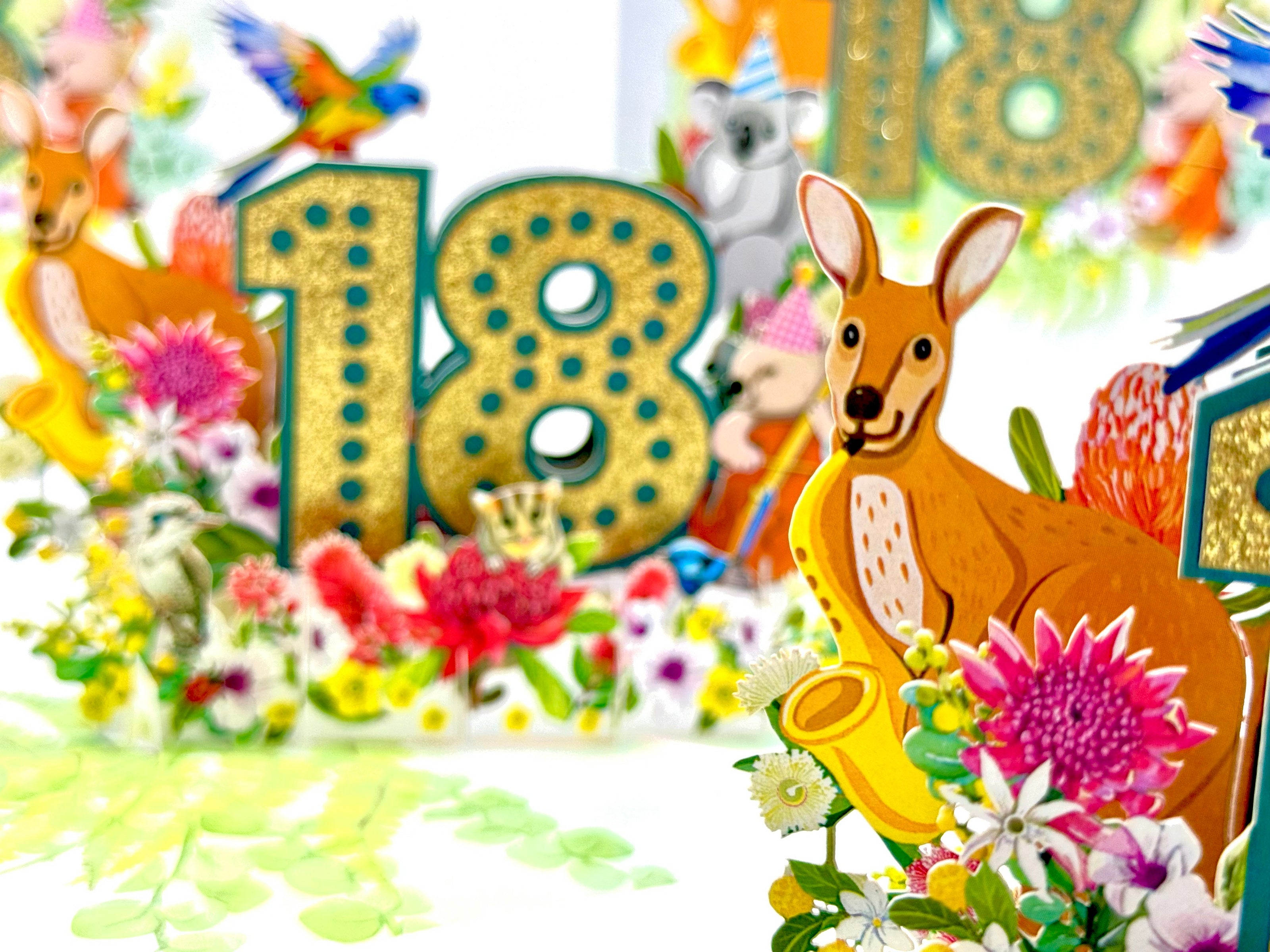 Australian Animal & Native Flower Happy 18th Birthday Origami Pop Cards 3D Pop Up Greeting Card Thank You Handmade Gift Thinking of You Happy Birthday Occasion Australiana Celebrate the Beauty and Happiness During Special Day Best Wishes Gift