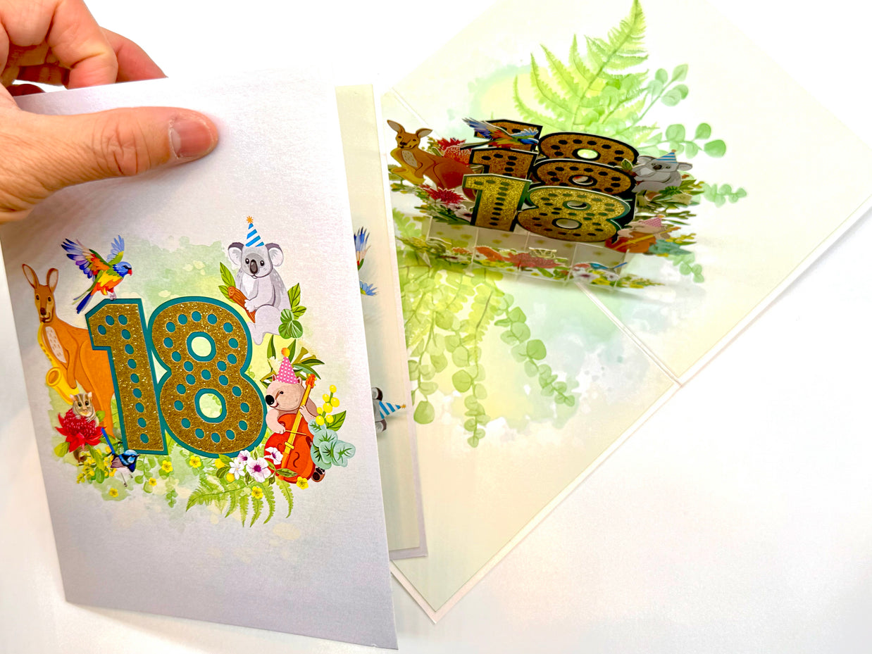 Australian Animal & Native Flower Happy 18th Birthday Origami Pop Cards 3D Pop Up Greeting Card Thank You Handmade Gift Thinking of You Happy Birthday Occasion Australiana Celebrate the Beauty and Happiness During Special Day Best Wishes Gift