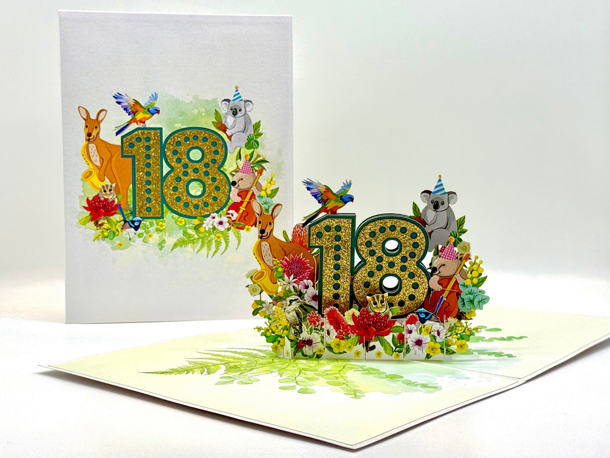 Australian Animal & Native Flower Happy 18th Birthday Origami Pop Cards 3D Pop Up Greeting Card Thank You Handmade Gift Thinking of You Happy Birthday Occasion Australiana Celebrate the Beauty and Happiness During Special Day Best Wishes Gift