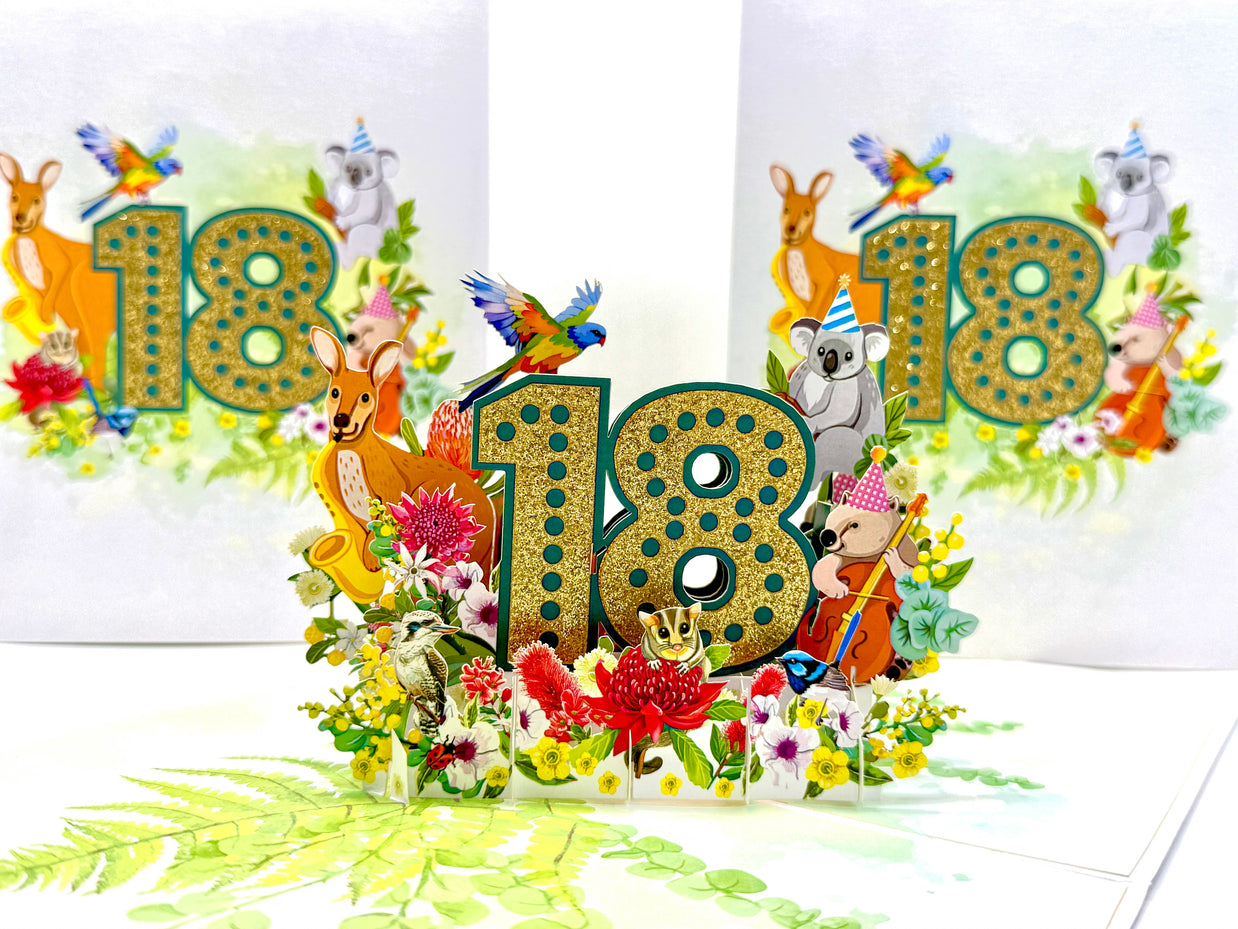 Australian Animal & Native Flower Happy 18th Birthday Origami Pop Cards 3D Pop Up Greeting Card Thank You Handmade Gift Thinking of You Happy Birthday Occasion Australiana Celebrate the Beauty and Happiness During Special Day Best Wishes Gift
