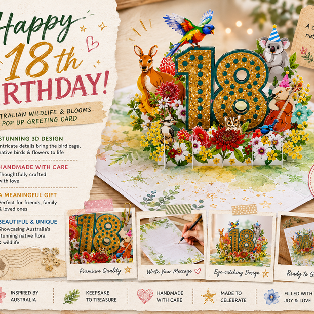 Australian Animal & Native Flower Happy 18th Birthday Origami Pop Cards 3D Pop Up Greeting Card Thank You Handmade Gift Thinking of You Happy Birthday Occasion Australiana Celebrate the Beauty and Happiness During Special Day Best Wishes Gift