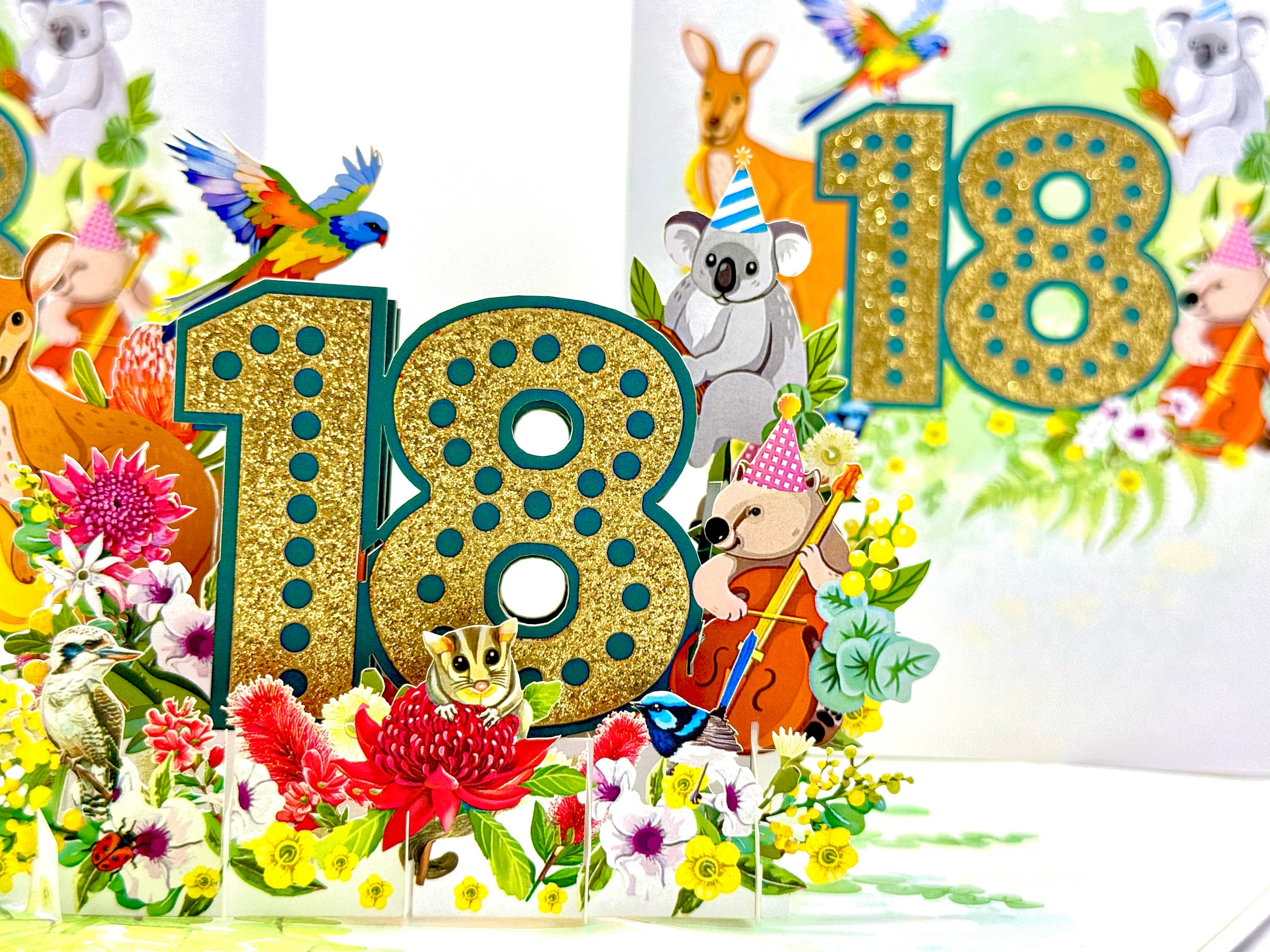 Australian Animal & Native Flower Happy 18th Birthday Origami Pop Cards 3D Pop Up Greeting Card Thank You Handmade Gift Thinking of You Happy Birthday Occasion Australiana Celebrate the Beauty and Happiness During Special Day Best Wishes Gift