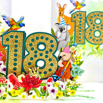 Australian Animal & Native Flower Happy 18th Birthday Origami Pop Cards 3D Pop Up Greeting Card Thank You Handmade Gift Thinking of You Happy Birthday Occasion Australiana Celebrate the Beauty and Happiness During Special Day Best Wishes Gift