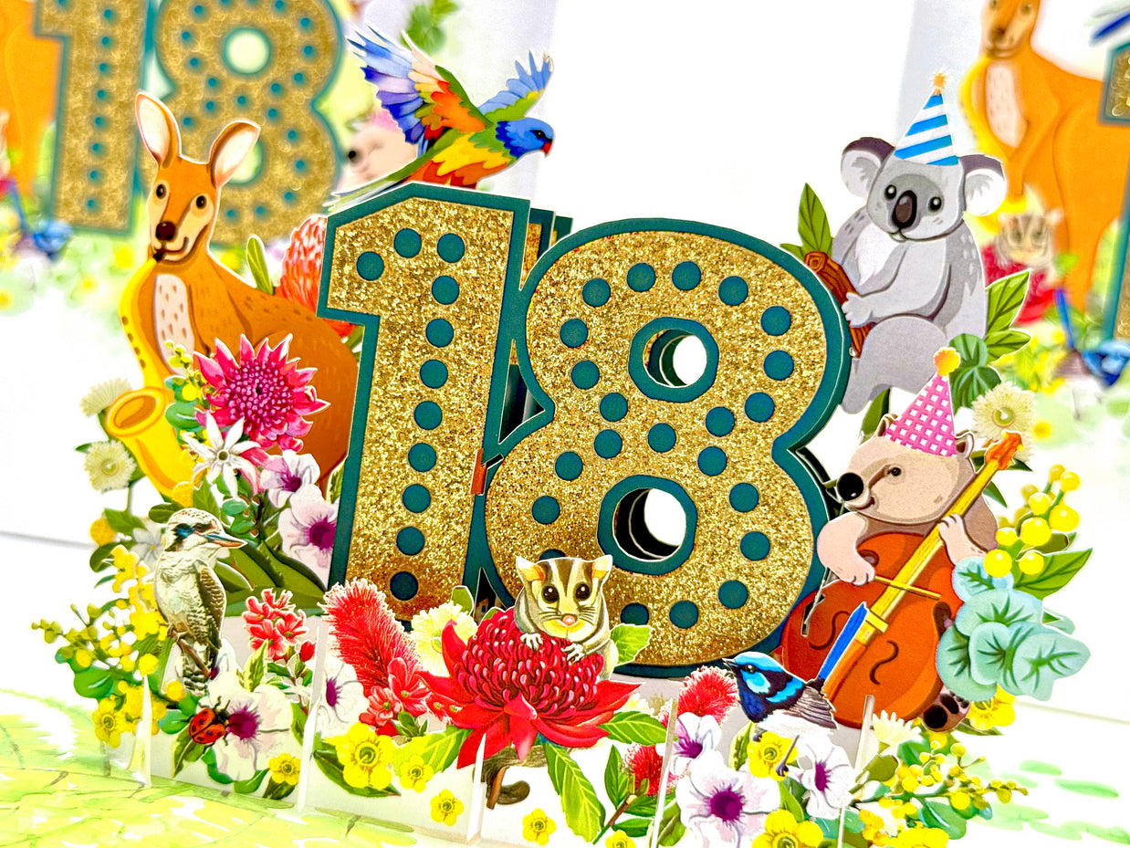Australian Animal & Native Flower Happy 18th Birthday Origami Pop Cards 3D Pop Up Greeting Card Thank You Handmade Gift Thinking of You Happy Birthday Occasion Australiana Celebrate the Beauty and Happiness During Special Day Best Wishes Gift