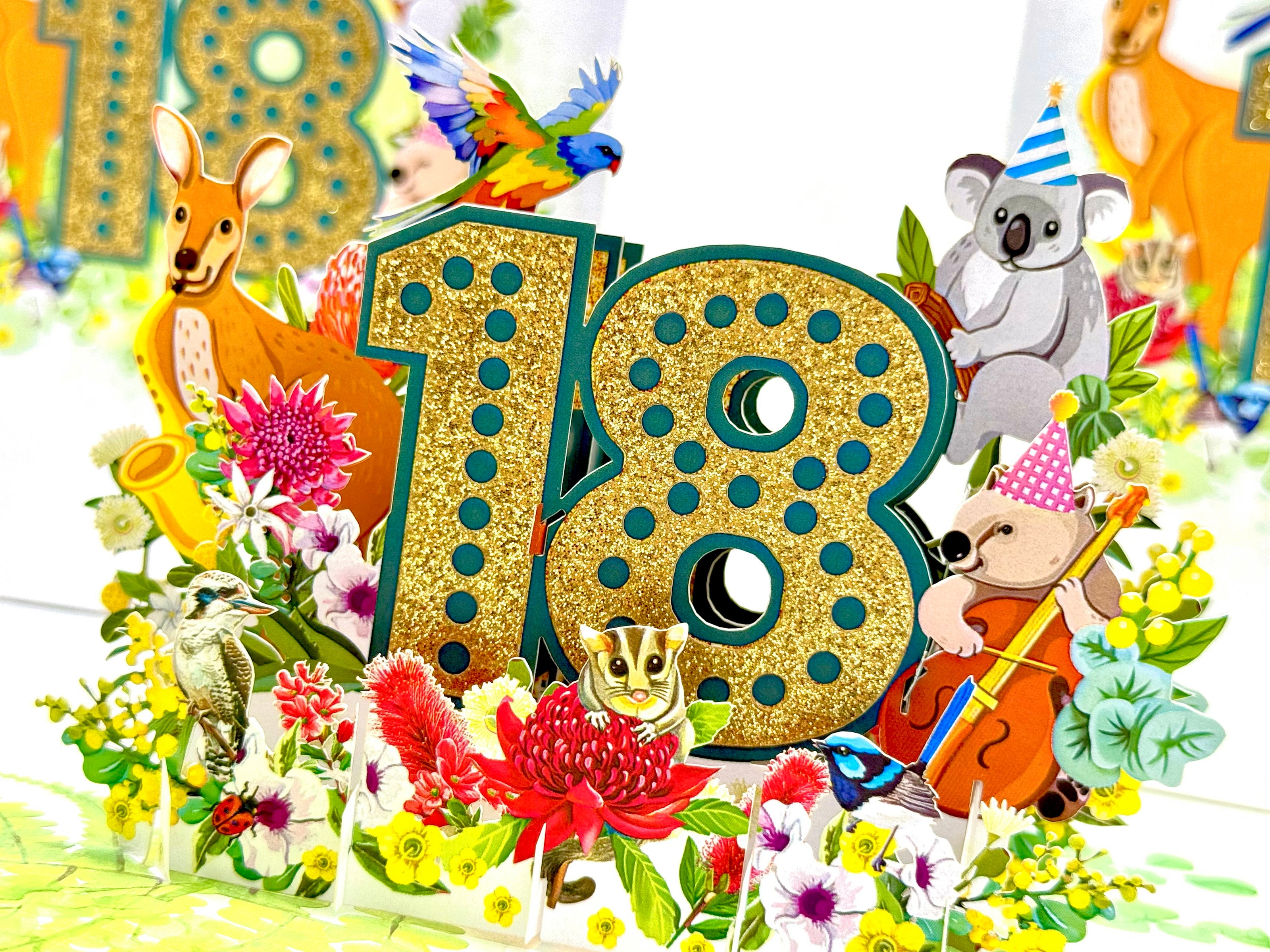 Australian Animal & Native Flower Happy 18th Birthday Origami Pop Cards 3D Pop Up Greeting Card Thank You Handmade Gift Thinking of You Happy Birthday Occasion Australiana Celebrate the Beauty and Happiness During Special Day Best Wishes Gift