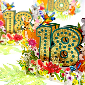 Australian Animal & Native Flower Happy 18th Birthday Origami Pop Cards 3D Pop Up Greeting Card Thank You Handmade Gift Thinking of You Happy Birthday Occasion Australiana Celebrate the Beauty and Happiness During Special Day Best Wishes Gift