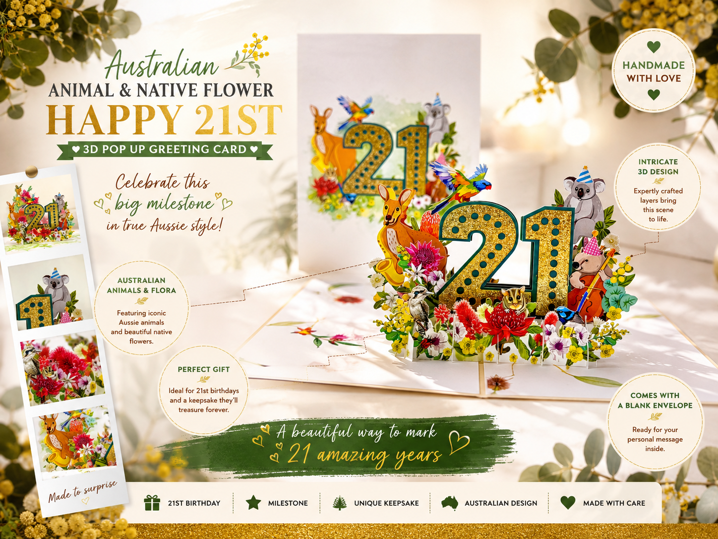 Australian Animal & Native Flower Happy 21st Birthday Origami Pop Cards 3D Pop Up Greeting Card Thank You Handmade Gift Thinking of You Happy Birthday Occasion Australiana Celebrate the Beauty and Happiness During Special Day Best Wishes Gift