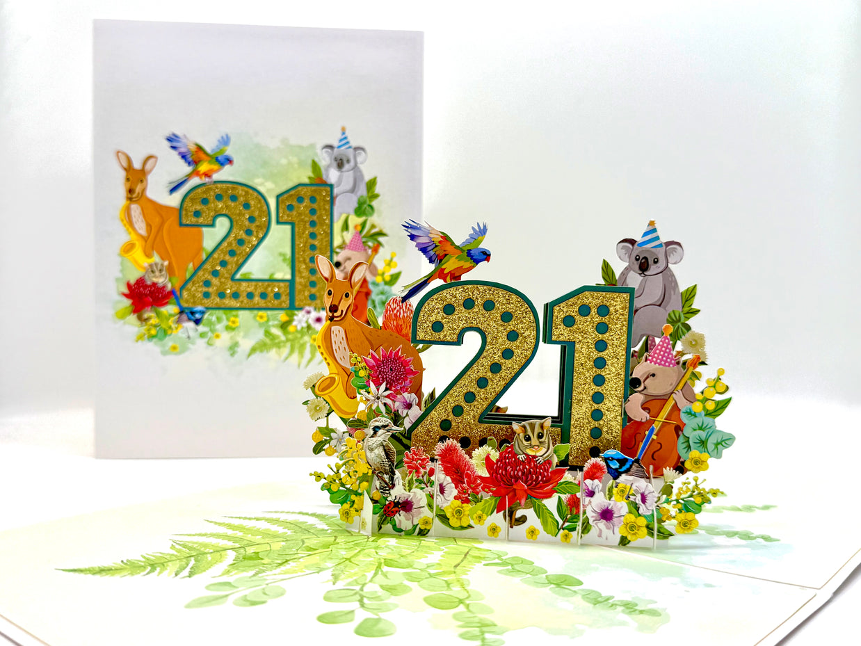 Australian Animal & Native Flower Happy 21st Birthday Origami Pop Cards 3D Pop Up Greeting Card Thank You Handmade Gift Thinking of You Happy Birthday Occasion Australiana Celebrate the Beauty and Happiness During Special Day Best Wishes Gift