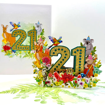 Australian Animal & Native Flower Happy 21st Birthday Origami Pop Cards 3D Pop Up Greeting Card Thank You Handmade Gift Thinking of You Happy Birthday Occasion Australiana Celebrate the Beauty and Happiness During Special Day Best Wishes Gift