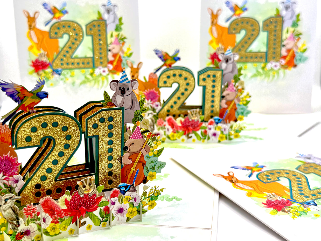 Australian Animal & Native Flower Happy 21st Birthday Origami Pop Cards 3D Pop Up Greeting Card Thank You Handmade Gift Thinking of You Happy Birthday Occasion Australiana Celebrate the Beauty and Happiness During Special Day Best Wishes Gift