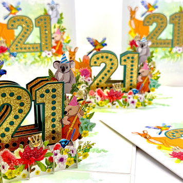 Australian Animal & Native Flower Happy 21st Birthday Origami Pop Cards 3D Pop Up Greeting Card Thank You Handmade Gift Thinking of You Happy Birthday Occasion Australiana Celebrate the Beauty and Happiness During Special Day Best Wishes Gift