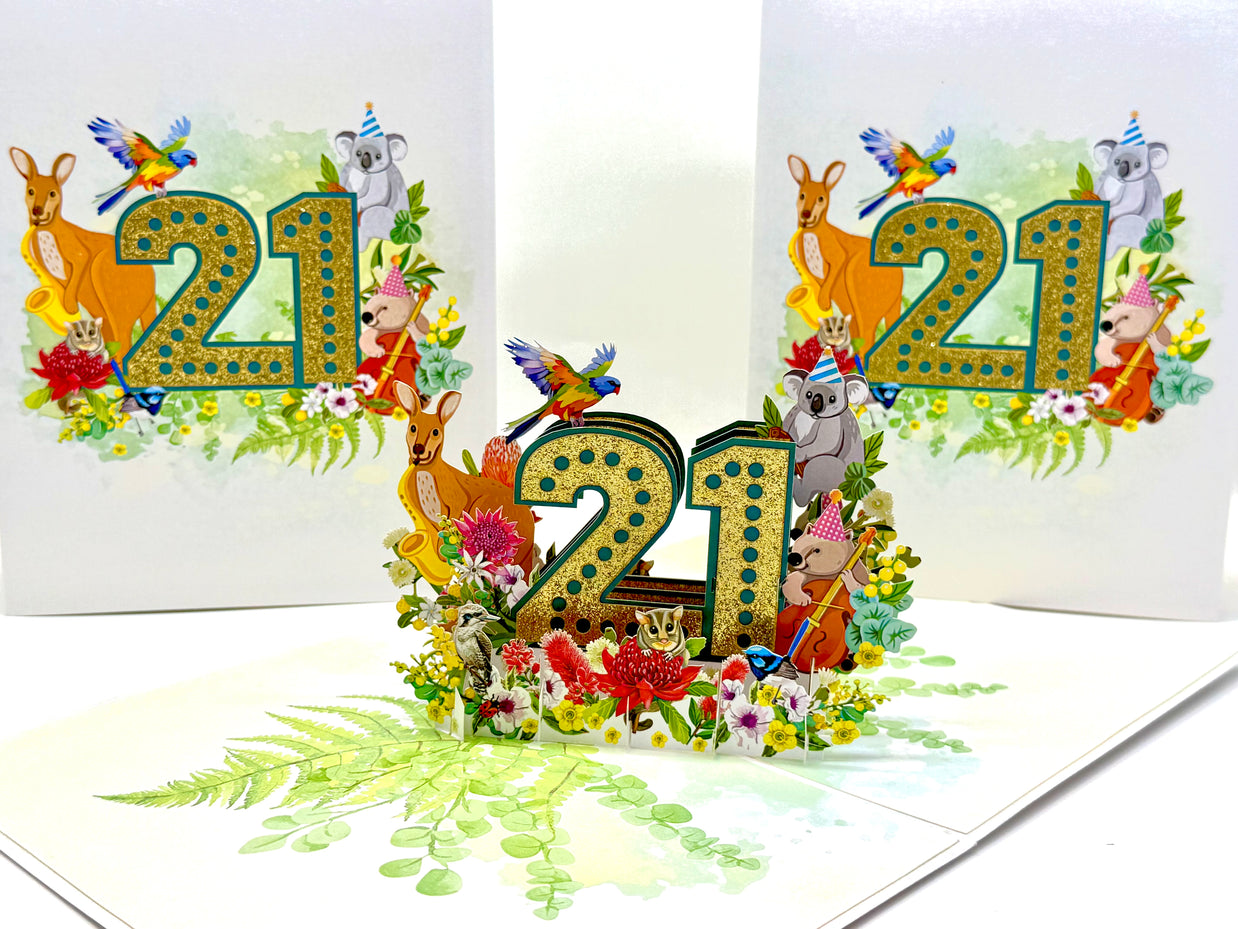 Australian Animal & Native Flower Happy 21st Birthday Origami Pop Cards 3D Pop Up Greeting Card Thank You Handmade Gift Thinking of You Happy Birthday Occasion Australiana Celebrate the Beauty and Happiness During Special Day Best Wishes Gift