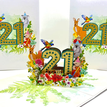 Australian Animal & Native Flower Happy 21st Birthday Origami Pop Cards 3D Pop Up Greeting Card Thank You Handmade Gift Thinking of You Happy Birthday Occasion Australiana Celebrate the Beauty and Happiness During Special Day Best Wishes Gift