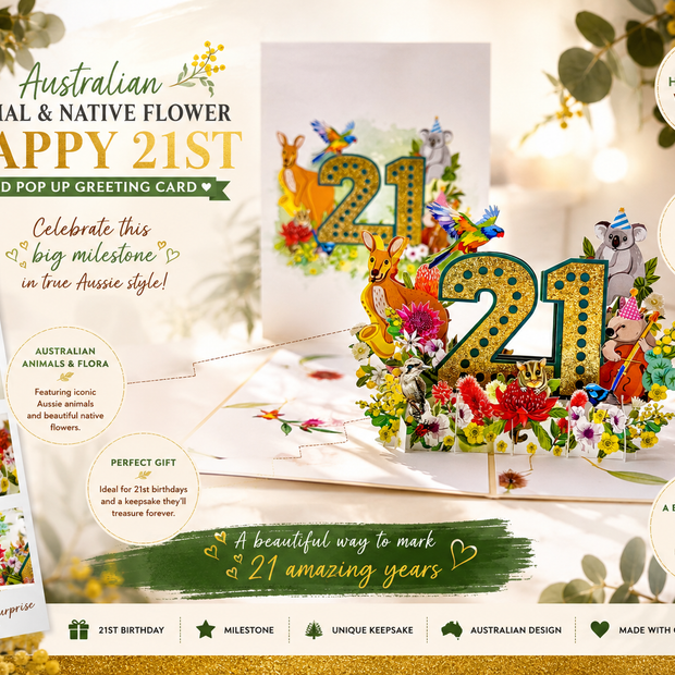 Australian Animal & Native Flower Happy 21st Birthday Origami Pop Cards 3D Pop Up Greeting Card Thank You Handmade Gift Thinking of You Happy Birthday Occasion Australiana Celebrate the Beauty and Happiness During Special Day Best Wishes Gift