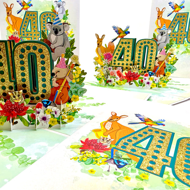 Australian Animal & Native Flower Happy 40th Birthday Origami Pop Cards 3D Pop Up Greeting Card Thank You Handmade Gift Thinking of You Happy Birthday Occasion Australiana Celebrate the Beauty and Happiness During Special Day Best Wishes Gift