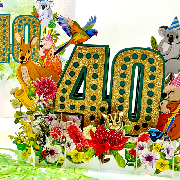 Australian Animal & Native Flower Happy 40th Birthday Origami Pop Cards 3D Pop Up Greeting Card Thank You Handmade Gift Thinking of You Happy Birthday Occasion Australiana Celebrate the Beauty and Happiness During Special Day Best Wishes Gift