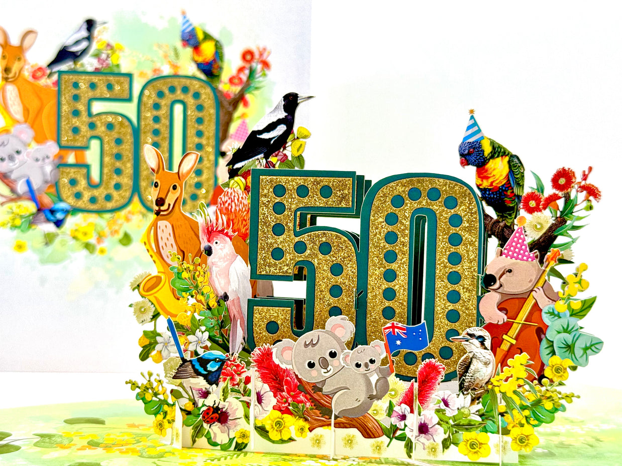 Australian Animal & Native Flower Happy 50th Birthday Origami Pop Cards 3D Pop Up Greeting Card Thank You Handmade Gift Thinking of You Happy Birthday Occasion Australiana Celebrate the Beauty and Happiness During Special Day Best Wishes Gift