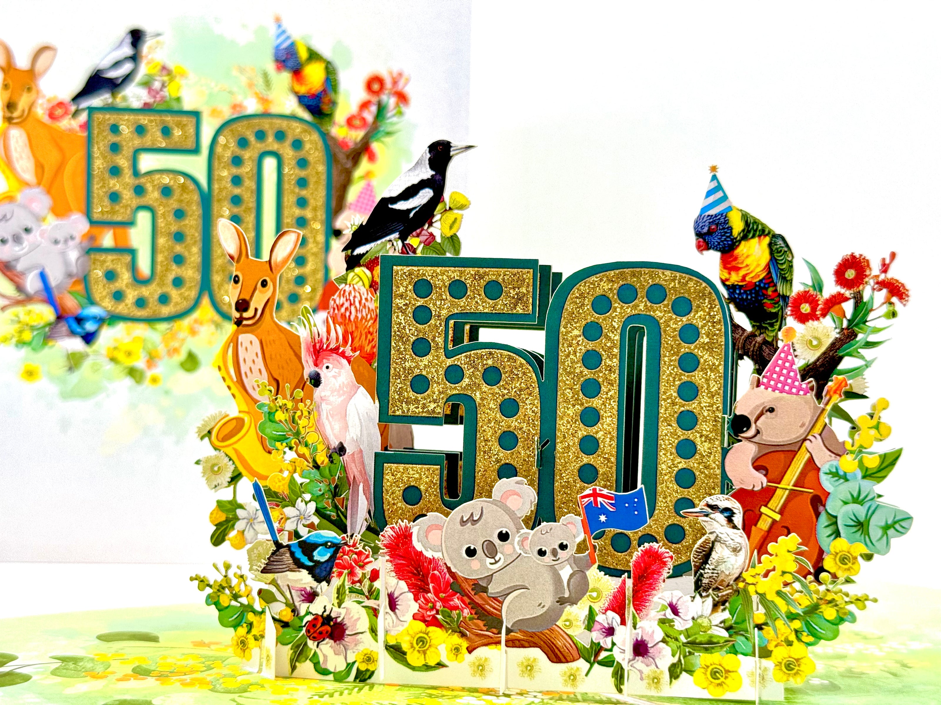 Australian Animal & Native Flower Happy 50th Birthday Origami Pop Cards 3D Pop Up Greeting Card Thank You Handmade Gift Thinking of You Happy Birthday Occasion Australiana Celebrate the Beauty and Happiness During Special Day Best Wishes Gift