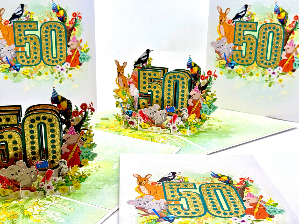 Australian Animal & Native Flower Happy 50th Birthday Origami Pop Cards 3D Pop Up Greeting Card Thank You Handmade Gift Thinking of You Happy Birthday Occasion Australiana Celebrate the Beauty and Happiness During Special Day Best Wishes Gift