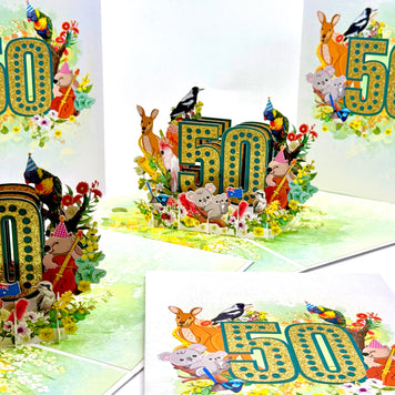 Australian Animal & Native Flower Happy 50th Birthday Origami Pop Cards 3D Pop Up Greeting Card Thank You Handmade Gift Thinking of You Happy Birthday Occasion Australiana Celebrate the Beauty and Happiness During Special Day Best Wishes Gift