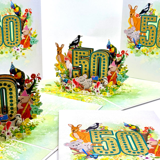 Australian Animal & Native Flower Happy 50th Birthday Origami Pop Cards 3D Pop Up Greeting Card Thank You Handmade Gift Thinking of You Happy Birthday Occasion Australiana Celebrate the Beauty and Happiness During Special Day Best Wishes Gift