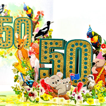 Australian Animal & Native Flower Happy 50th Birthday Origami Pop Cards 3D Pop Up Greeting Card Thank You Handmade Gift Thinking of You Happy Birthday Occasion Australiana Celebrate the Beauty and Happiness During Special Day Best Wishes Gift