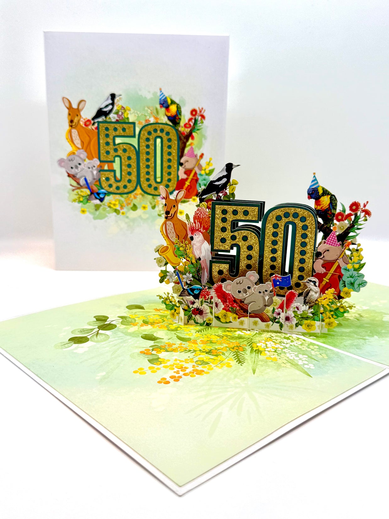 Australian Animal & Native Flower Happy 50th Birthday Origami Pop Cards 3D Pop Up Greeting Card Thank You Handmade Gift Thinking of You Happy Birthday Occasion Australiana Celebrate the Beauty and Happiness During Special Day Best Wishes Gift