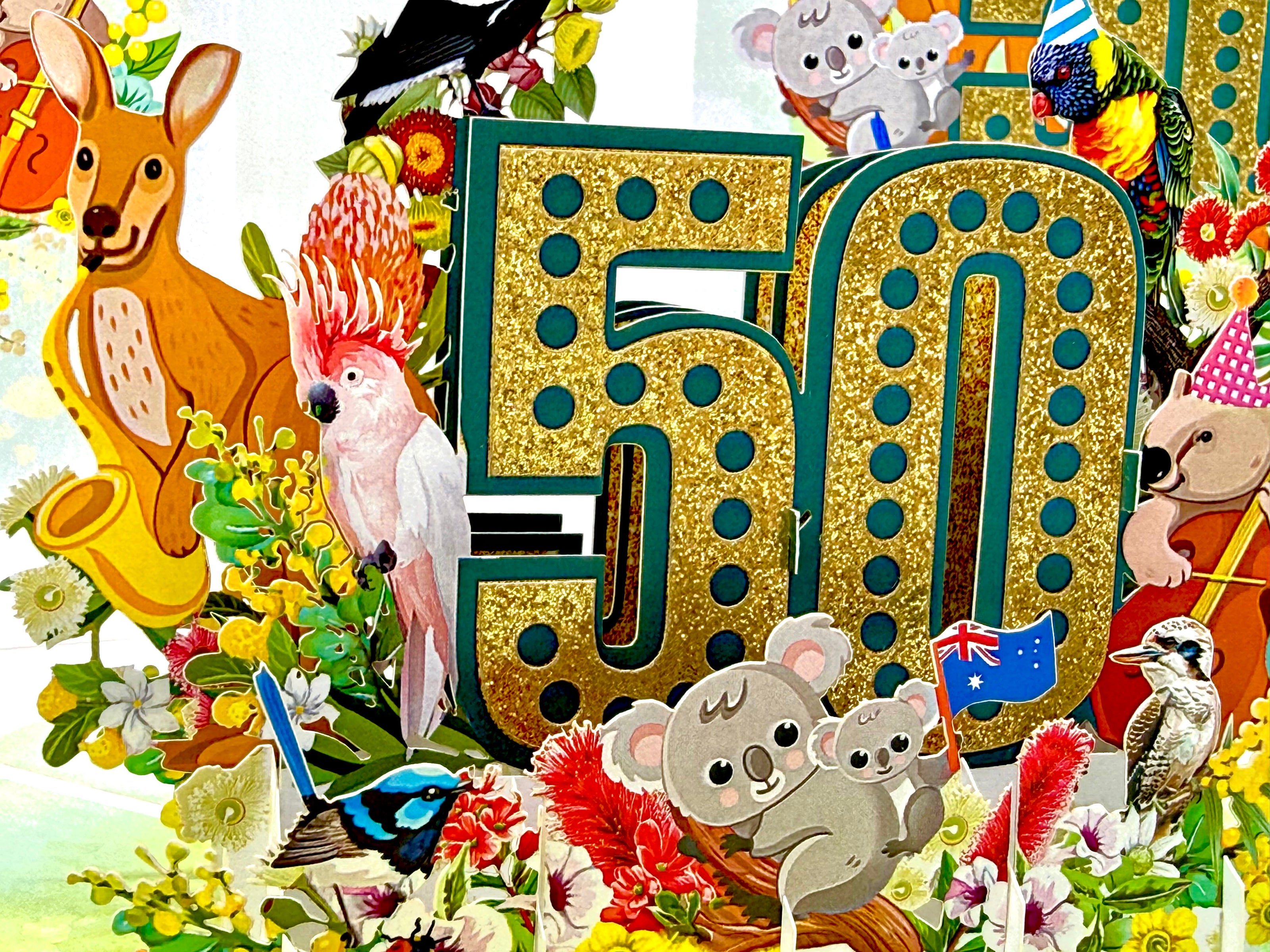 Australian Animal & Native Flower Happy 50th Birthday Origami Pop Cards 3D Pop Up Greeting Card Thank You Handmade Gift Thinking of You Happy Birthday Occasion Australiana Celebrate the Beauty and Happiness During Special Day Best Wishes Gift