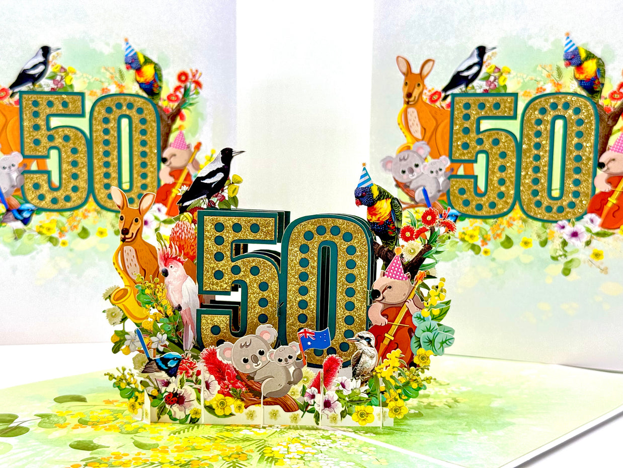 Australian Animal & Native Flower Happy 50th Birthday Origami Pop Cards 3D Pop Up Greeting Card Thank You Handmade Gift Thinking of You Happy Birthday Occasion Australiana Celebrate the Beauty and Happiness During Special Day Best Wishes Gift