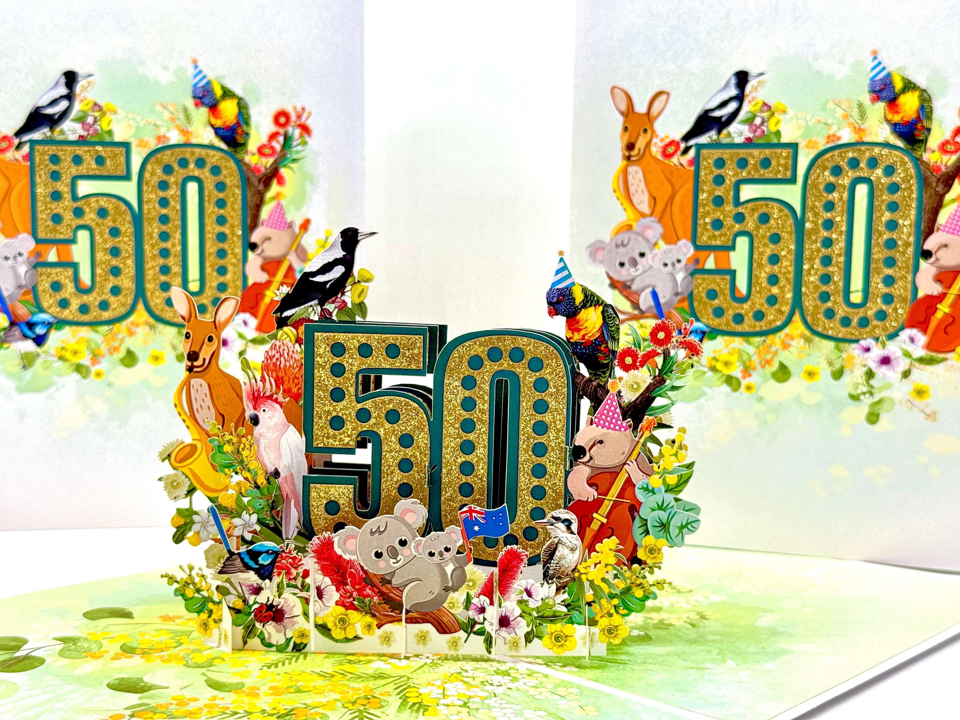 Australian Animal & Native Flower Happy 50th Birthday Origami Pop Cards 3D Pop Up Greeting Card Thank You Handmade Gift Thinking of You Happy Birthday Occasion Australiana Celebrate the Beauty and Happiness During Special Day Best Wishes Gift