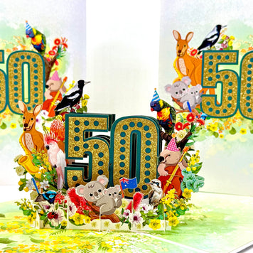 Australian Animal & Native Flower Happy 50th Birthday Origami Pop Cards 3D Pop Up Greeting Card Thank You Handmade Gift Thinking of You Happy Birthday Occasion Australiana Celebrate the Beauty and Happiness During Special Day Best Wishes Gift