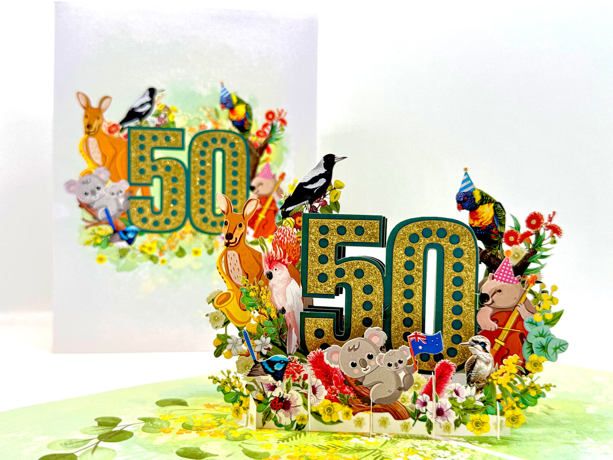 Australian Animal & Native Flower Happy 50th Birthday Origami Pop Cards 3D Pop Up Greeting Card Thank You Handmade Gift Thinking of You Happy Birthday Occasion Australiana Celebrate the Beauty and Happiness During Special Day Best Wishes Gift