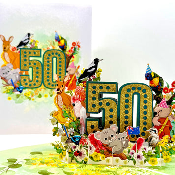 Australian Animal & Native Flower Happy 50th Birthday Origami Pop Cards 3D Pop Up Greeting Card Thank You Handmade Gift Thinking of You Happy Birthday Occasion Australiana Celebrate the Beauty and Happiness During Special Day Best Wishes Gift