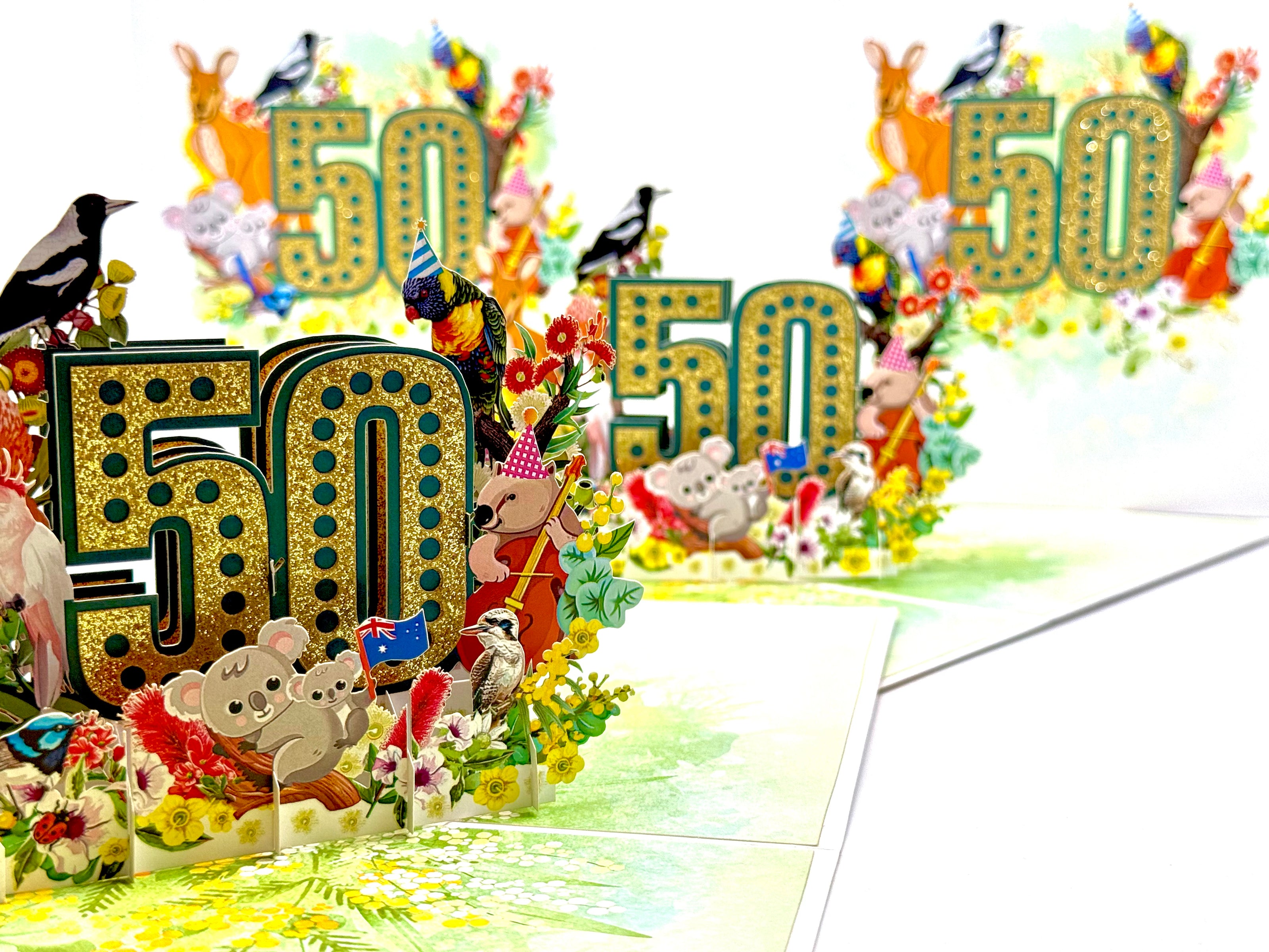 Australian Animal & Native Flower Happy 50th Birthday Origami Pop Cards 3D Pop Up Greeting Card Thank You Handmade Gift Thinking of You Happy Birthday Occasion Australiana Celebrate the Beauty and Happiness During Special Day Best Wishes Gift