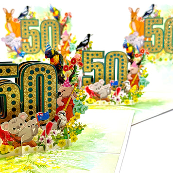 Australian Animal & Native Flower Happy 50th Birthday Origami Pop Cards 3D Pop Up Greeting Card Thank You Handmade Gift Thinking of You Happy Birthday Occasion Australiana Celebrate the Beauty and Happiness During Special Day Best Wishes Gift