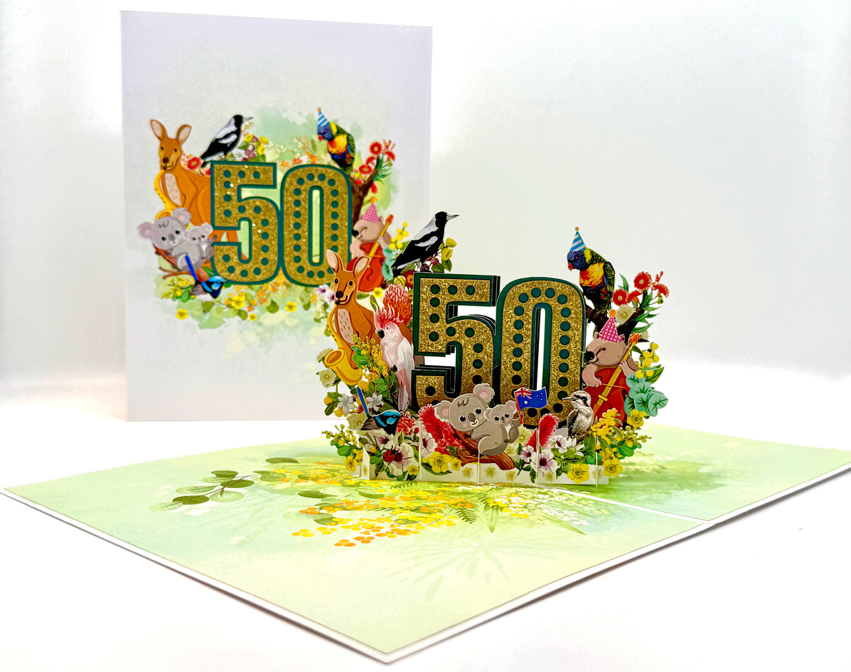 Australian Animal & Native Flower Happy 50th Birthday Origami Pop Cards 3D Pop Up Greeting Card Thank You Handmade Gift Thinking of You Happy Birthday Occasion Australiana Celebrate the Beauty and Happiness During Special Day Best Wishes Gift