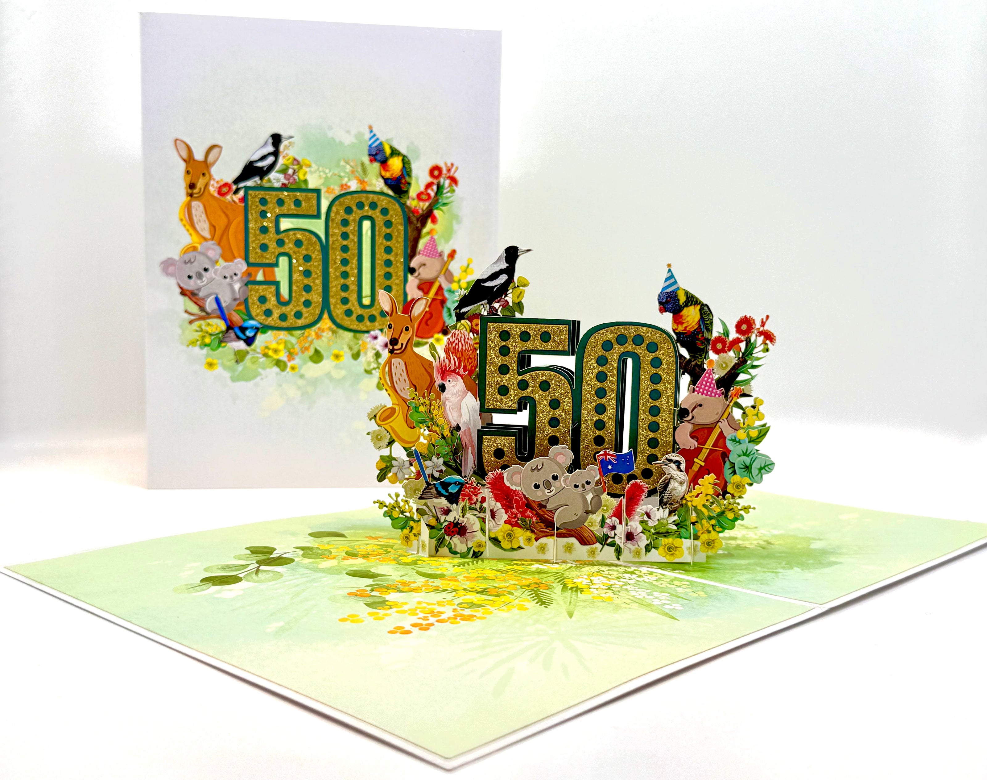 Australian Animal & Native Flower Happy 50th Birthday Origami Pop Cards 3D Pop Up Greeting Card Thank You Handmade Gift Thinking of You Happy Birthday Occasion Australiana Celebrate the Beauty and Happiness During Special Day Best Wishes Gift