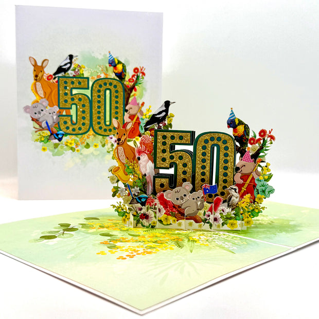 Australian Animal & Native Flower Happy 50th Birthday Origami Pop Cards 3D Pop Up Greeting Card Thank You Handmade Gift Thinking of You Happy Birthday Occasion Australiana Celebrate the Beauty and Happiness During Special Day Best Wishes Gift