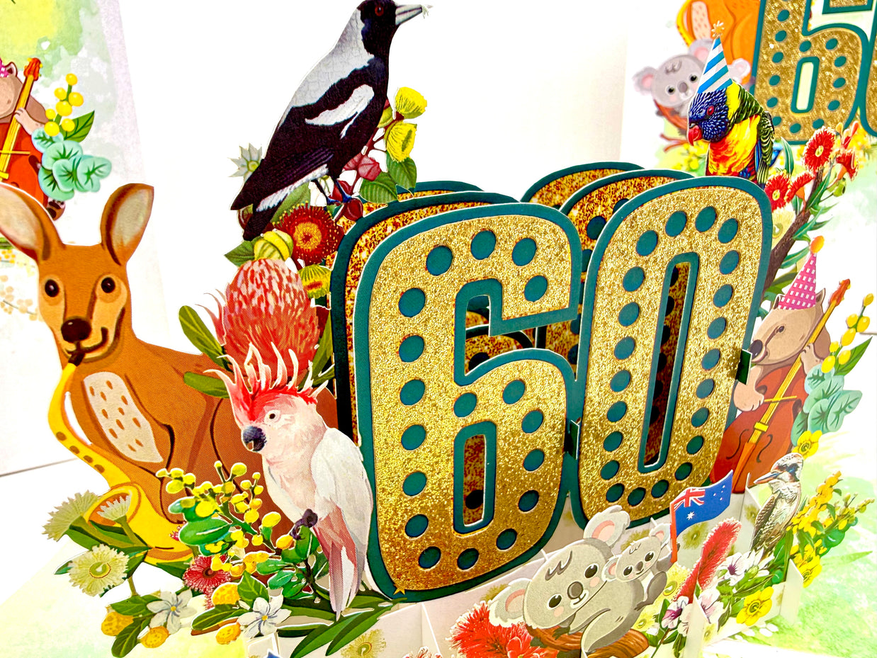 Australian Animal & Native Flower Happy 60th Birthday Origami Pop Cards 3D Pop Up Greeting Card Thank You Handmade Gift Thinking of You Happy Birthday Occasion Australiana Celebrate the Beauty and Happiness During Special Day Best Wishes Gift