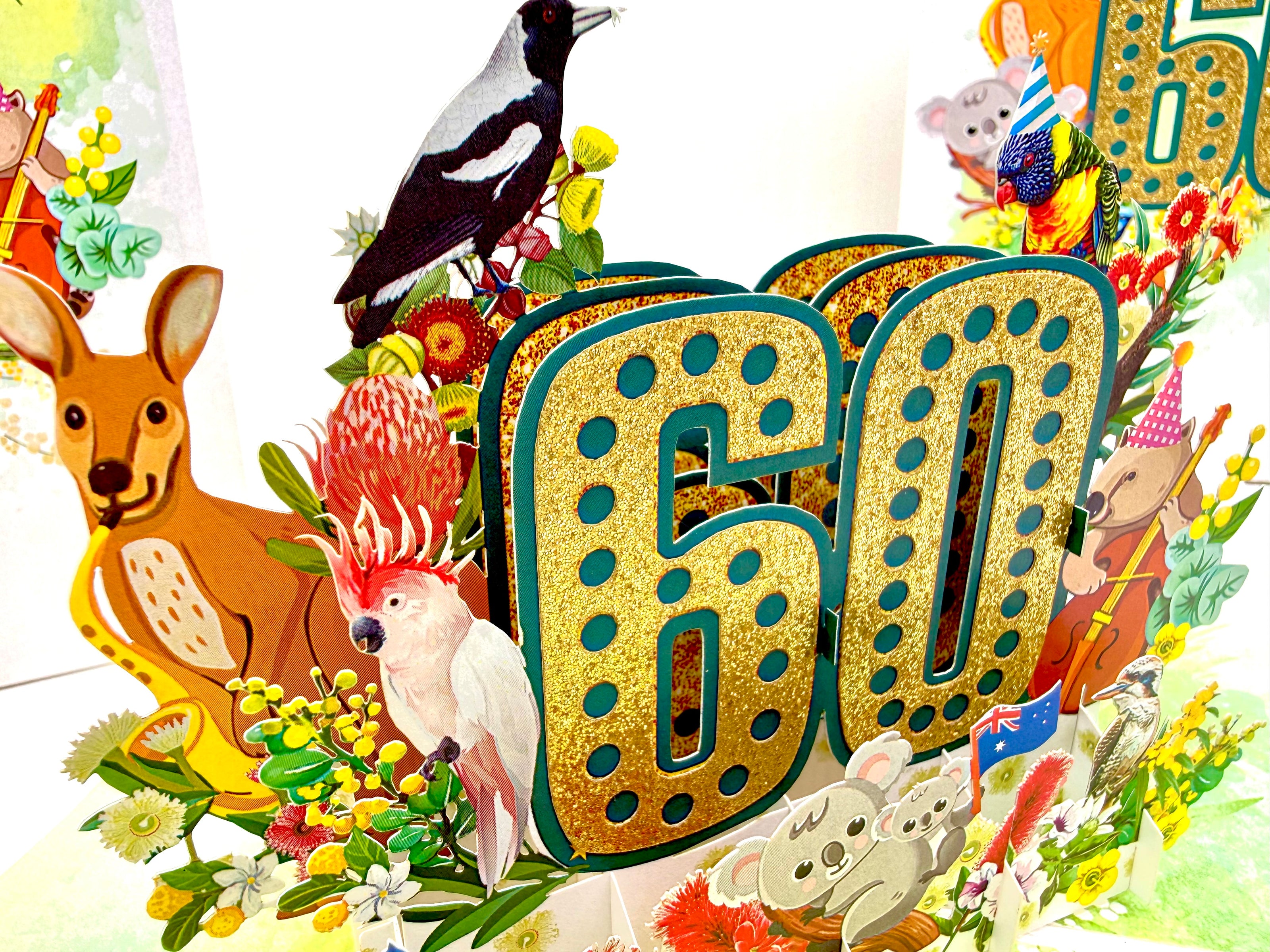 Australian Animal & Native Flower Happy 60th Birthday Origami Pop Cards 3D Pop Up Greeting Card Thank You Handmade Gift Thinking of You Happy Birthday Occasion Australiana Celebrate the Beauty and Happiness During Special Day Best Wishes Gift