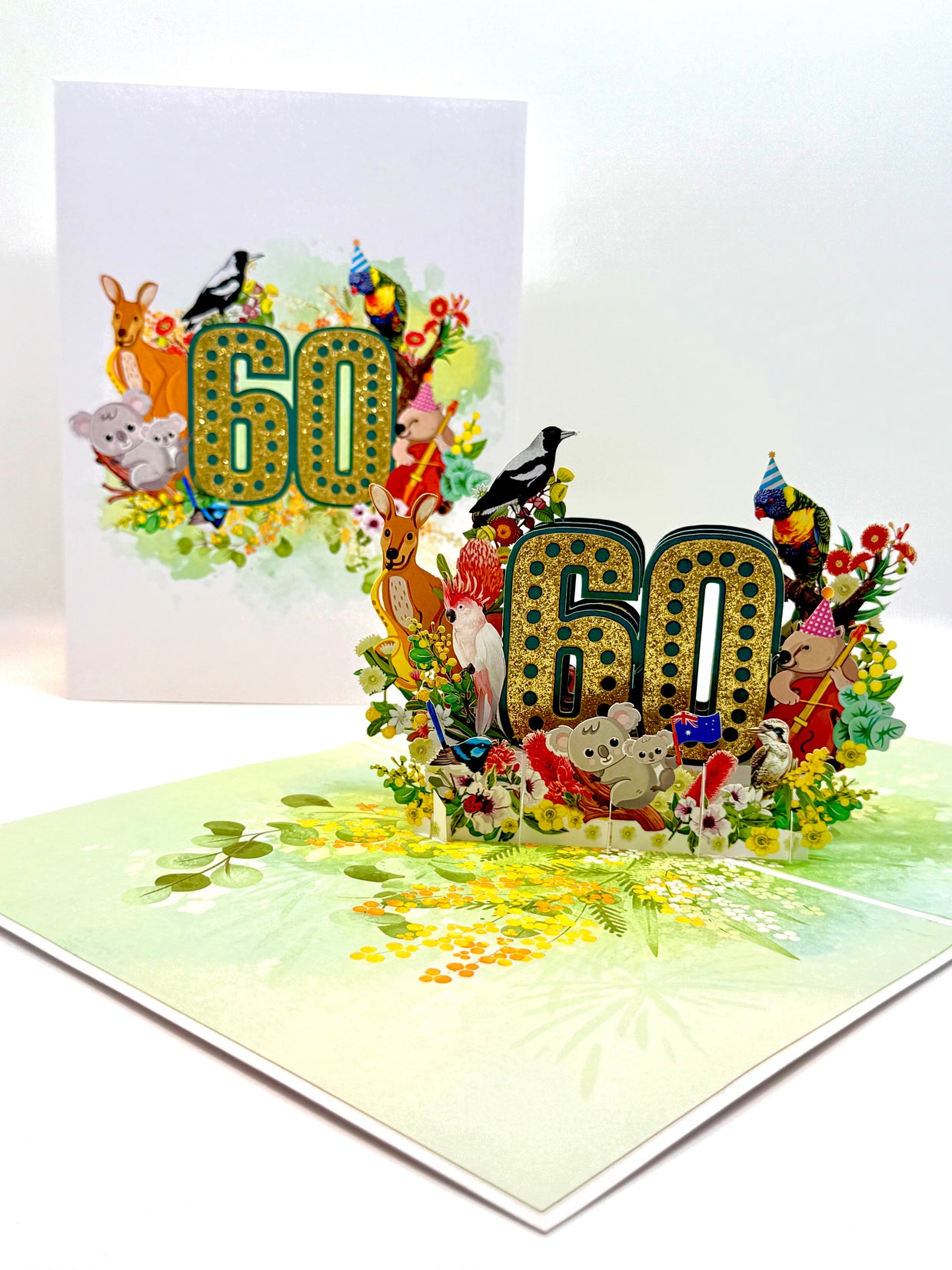 Australian Animal & Native Flower Happy 60th Birthday Origami Pop Cards 3D Pop Up Greeting Card Thank You Handmade Gift Thinking of You Happy Birthday Occasion Australiana Celebrate the Beauty and Happiness During Special Day Best Wishes Gift