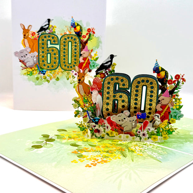 Australian Animal & Native Flower Happy 60th Birthday Origami Pop Cards 3D Pop Up Greeting Card Thank You Handmade Gift Thinking of You Happy Birthday Occasion Australiana Celebrate the Beauty and Happiness During Special Day Best Wishes Gift