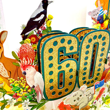 Australian Animal & Native Flower Happy 60th Birthday Origami Pop Cards 3D Pop Up Greeting Card Thank You Handmade Gift Thinking of You Happy Birthday Occasion Australiana Celebrate the Beauty and Happiness During Special Day Best Wishes Gift