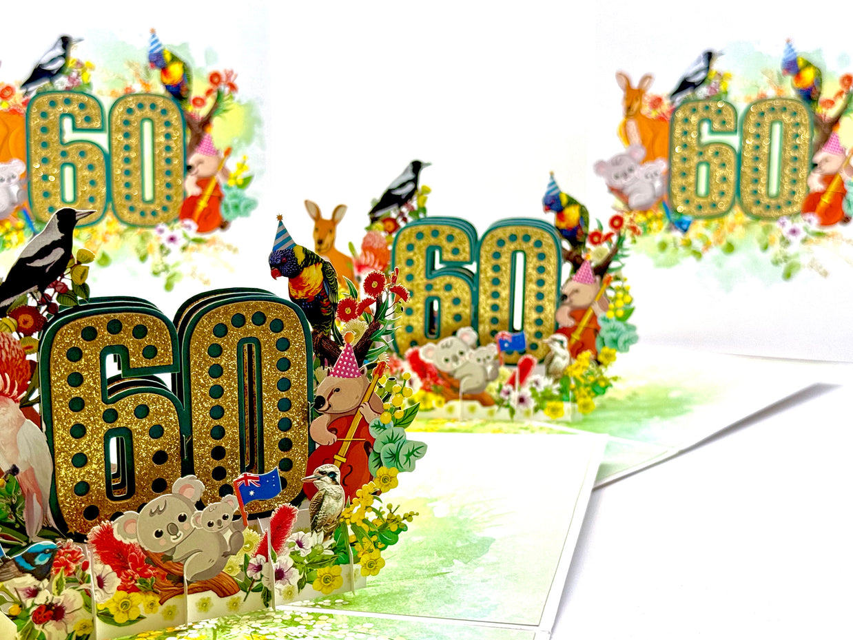 Australian Animal & Native Flower Happy 60th Birthday Origami Pop Cards 3D Pop Up Greeting Card Thank You Handmade Gift Thinking of You Happy Birthday Occasion Australiana Celebrate the Beauty and Happiness During Special Day Best Wishes Gift