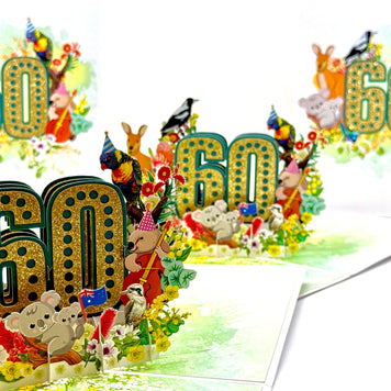 Australian Animal & Native Flower Happy 60th Birthday Origami Pop Cards 3D Pop Up Greeting Card Thank You Handmade Gift Thinking of You Happy Birthday Occasion Australiana Celebrate the Beauty and Happiness During Special Day Best Wishes Gift