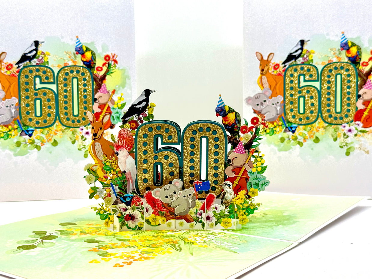 Australian Animal & Native Flower Happy 60th Birthday Origami Pop Cards 3D Pop Up Greeting Card Thank You Handmade Gift Thinking of You Happy Birthday Occasion Australiana Celebrate the Beauty and Happiness During Special Day Best Wishes Gift