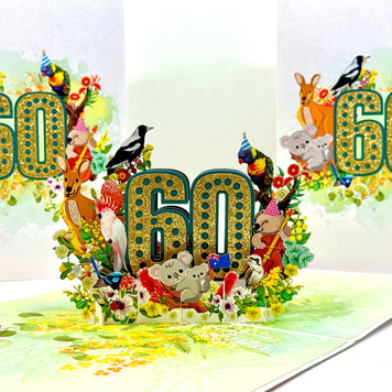 Australian Animal & Native Flower Happy 60th Birthday Origami Pop Cards 3D Pop Up Greeting Card Thank You Handmade Gift Thinking of You Happy Birthday Occasion Australiana Celebrate the Beauty and Happiness During Special Day Best Wishes Gift