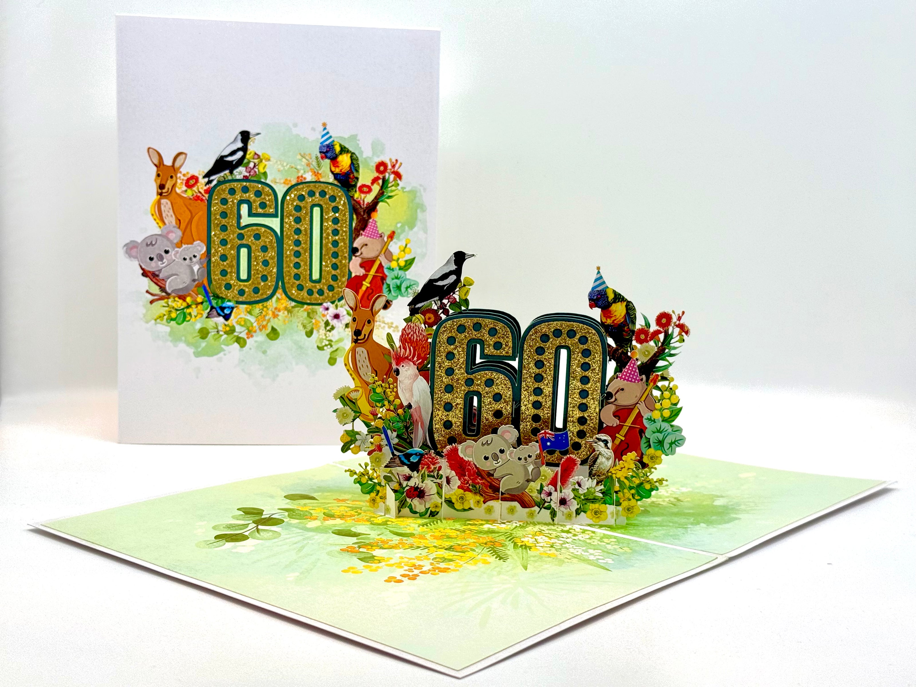 Australian Animal & Native Flower Happy 60th Birthday Origami Pop Cards 3D Pop Up Greeting Card Thank You Handmade Gift Thinking of You Happy Birthday Occasion Australiana Celebrate the Beauty and Happiness During Special Day Best Wishes Gift