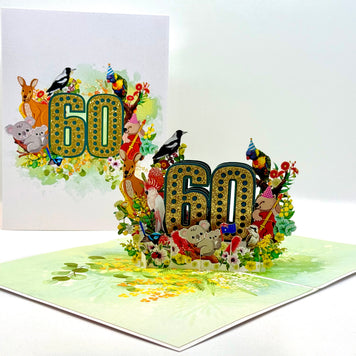 Australian Animal & Native Flower Happy 60th Birthday Origami Pop Cards 3D Pop Up Greeting Card Thank You Handmade Gift Thinking of You Happy Birthday Occasion Australiana Celebrate the Beauty and Happiness During Special Day Best Wishes Gift